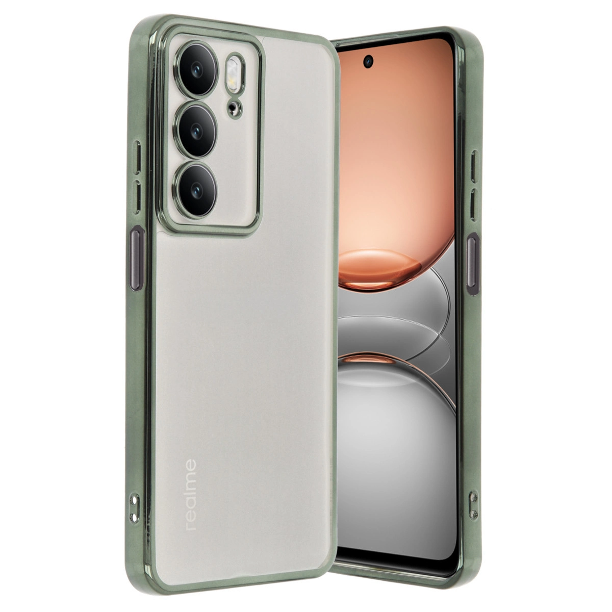 Üç kameralı, yeşil kenarlı şeffaf telefon.