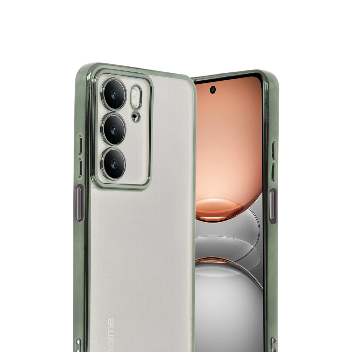 Üç kameralı yeşil telefon kılıfı ve arkada bir telefon.