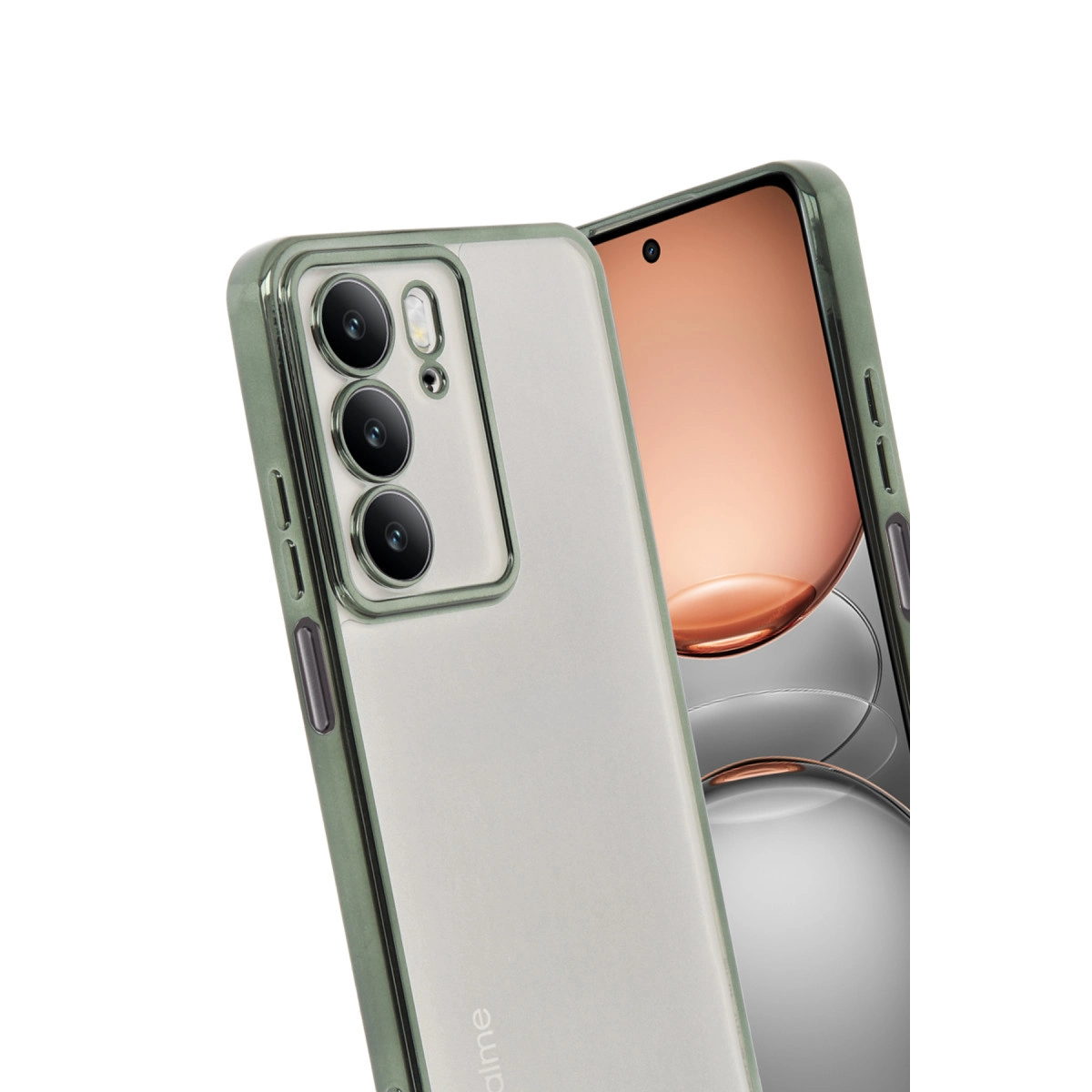 Yeşil çerçeveli şeffaf telefon kılıfı, üç kameralı bir telefonu çerçeveliyor.