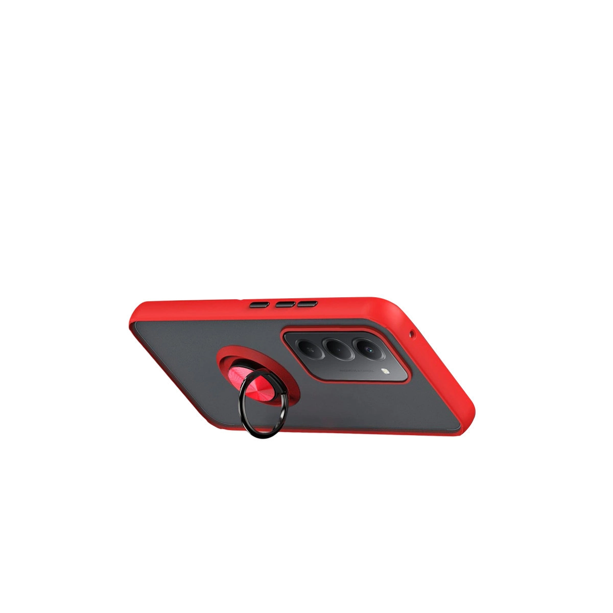 Gri ek parçalı kırmızı telefon kılıfı, halka tutucu ve kamera açıklığı.