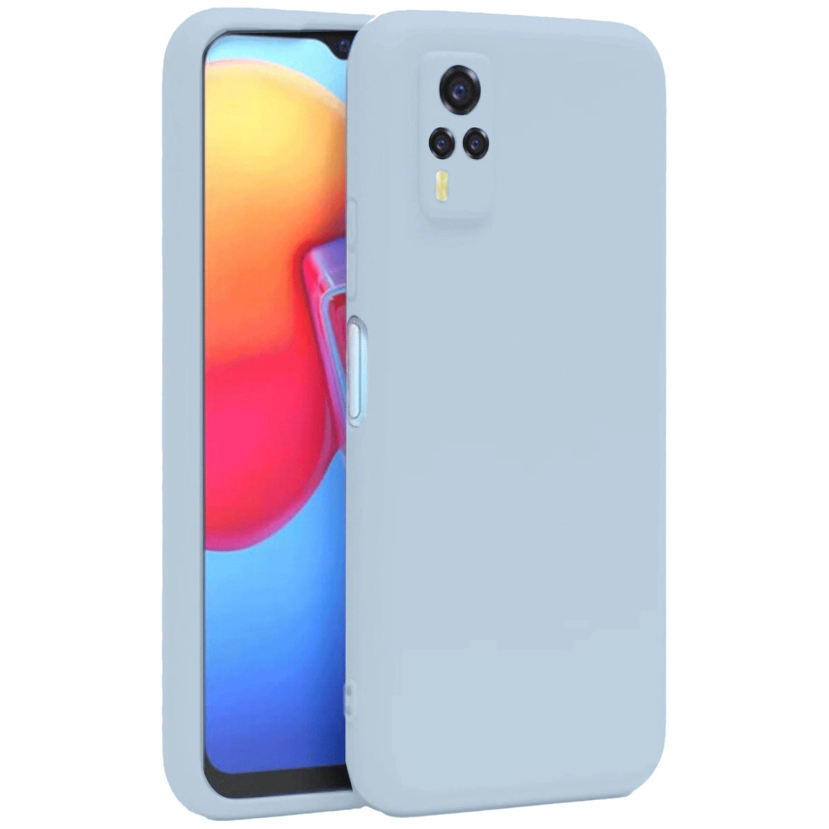 Açık mavi telefon kılıfı bir akıllı telefonu kaplıyor. Telefonun üç lensli bir kamera çıkıntısı var.