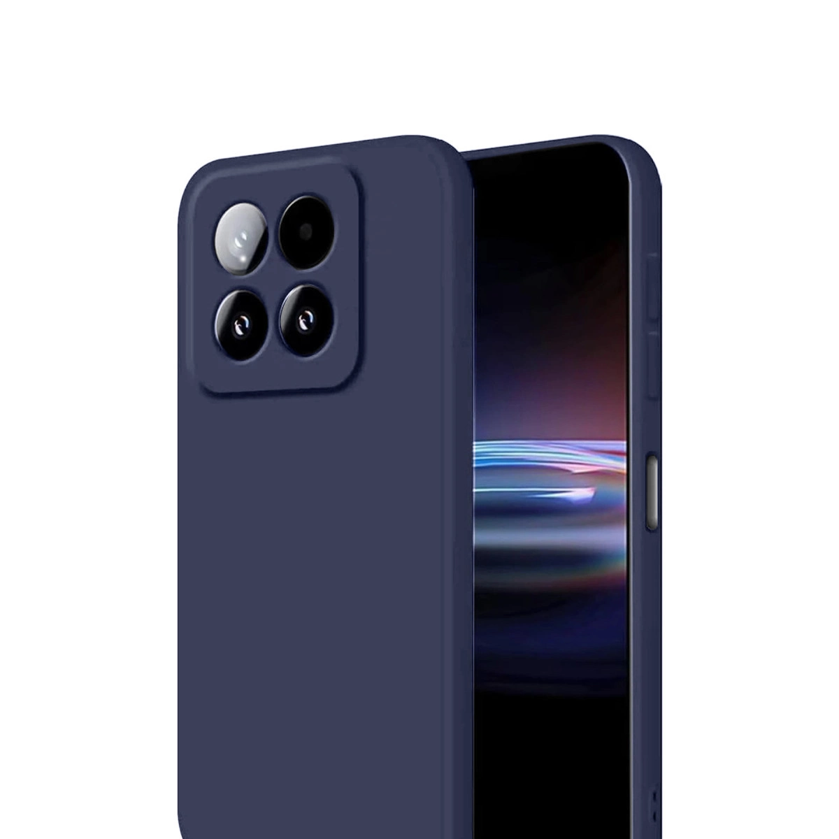Dört kameralı lacivert telefon kılıfı, kısmen açık, ekranı gösteriyor.