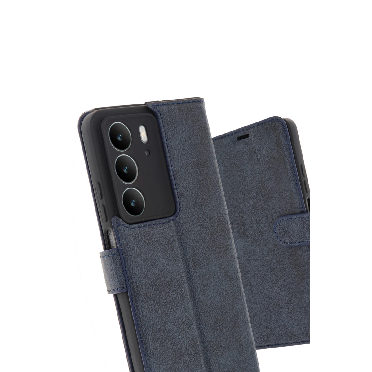 Kılıflı, üç kameralı lacivert telefon.