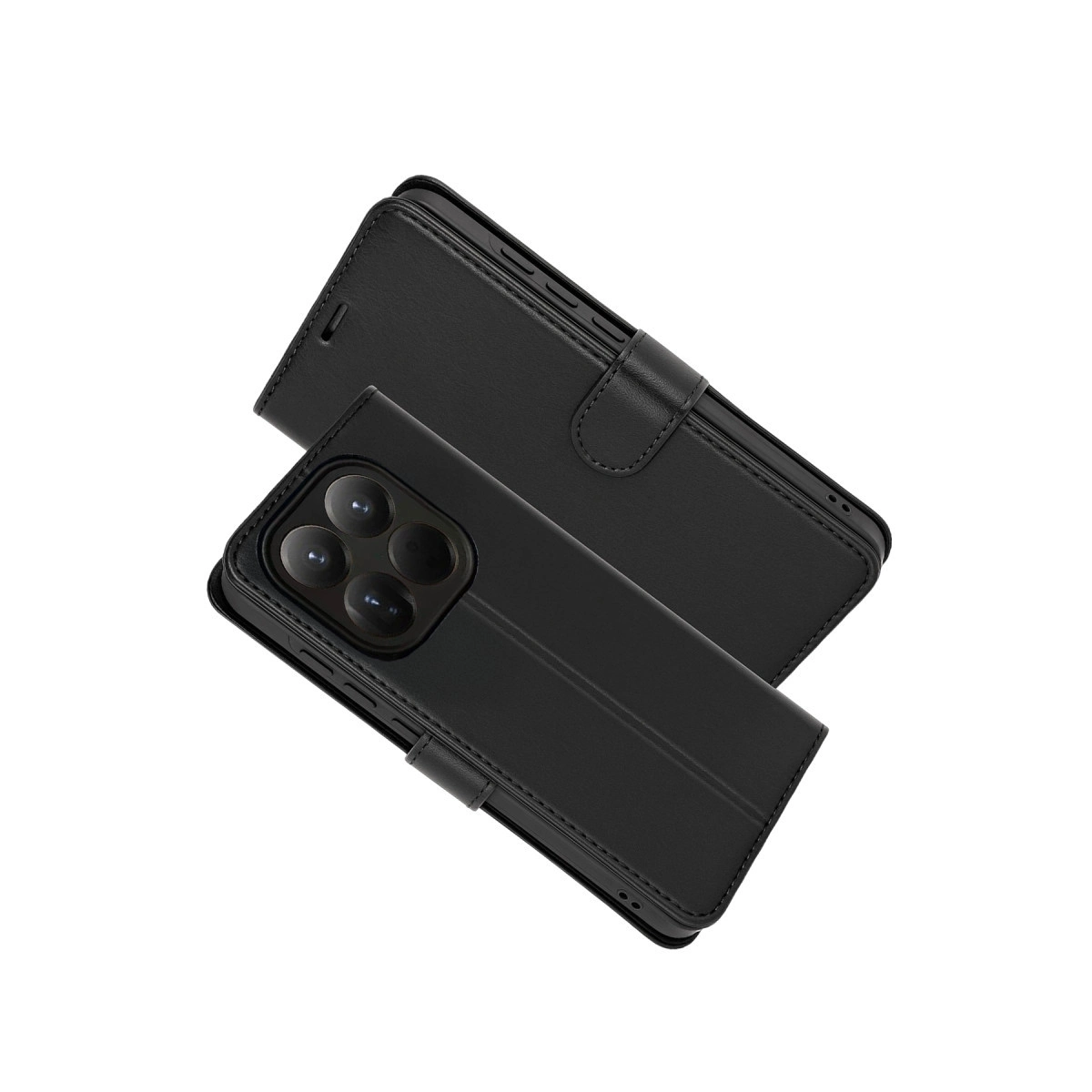 Kamera modülünü gösteren açık bir tane ile iki siyah kapaklı telefon kılıfı.