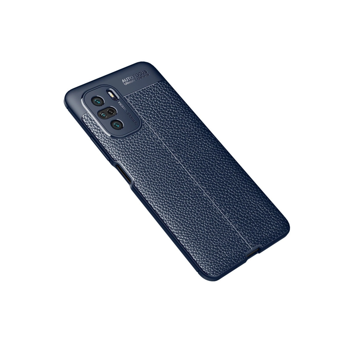 Deri dokulu, üç kameralı, lacivert telefon kılıfı.