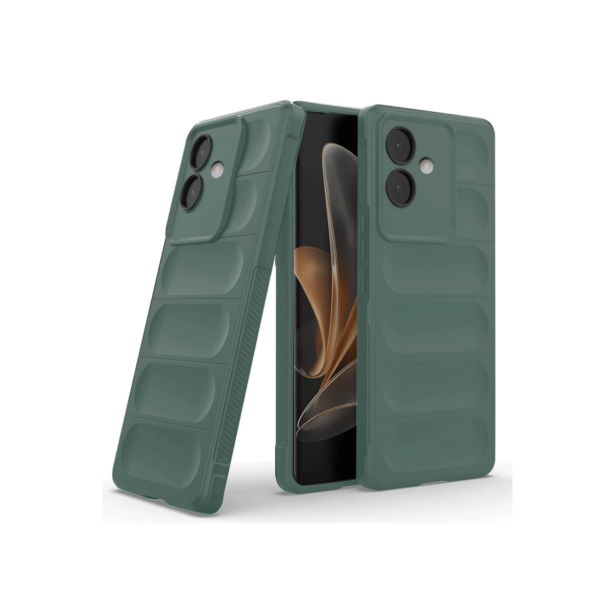 Kanallı desene sahip iki yeşil telefon kılıfı, biri telefonda.