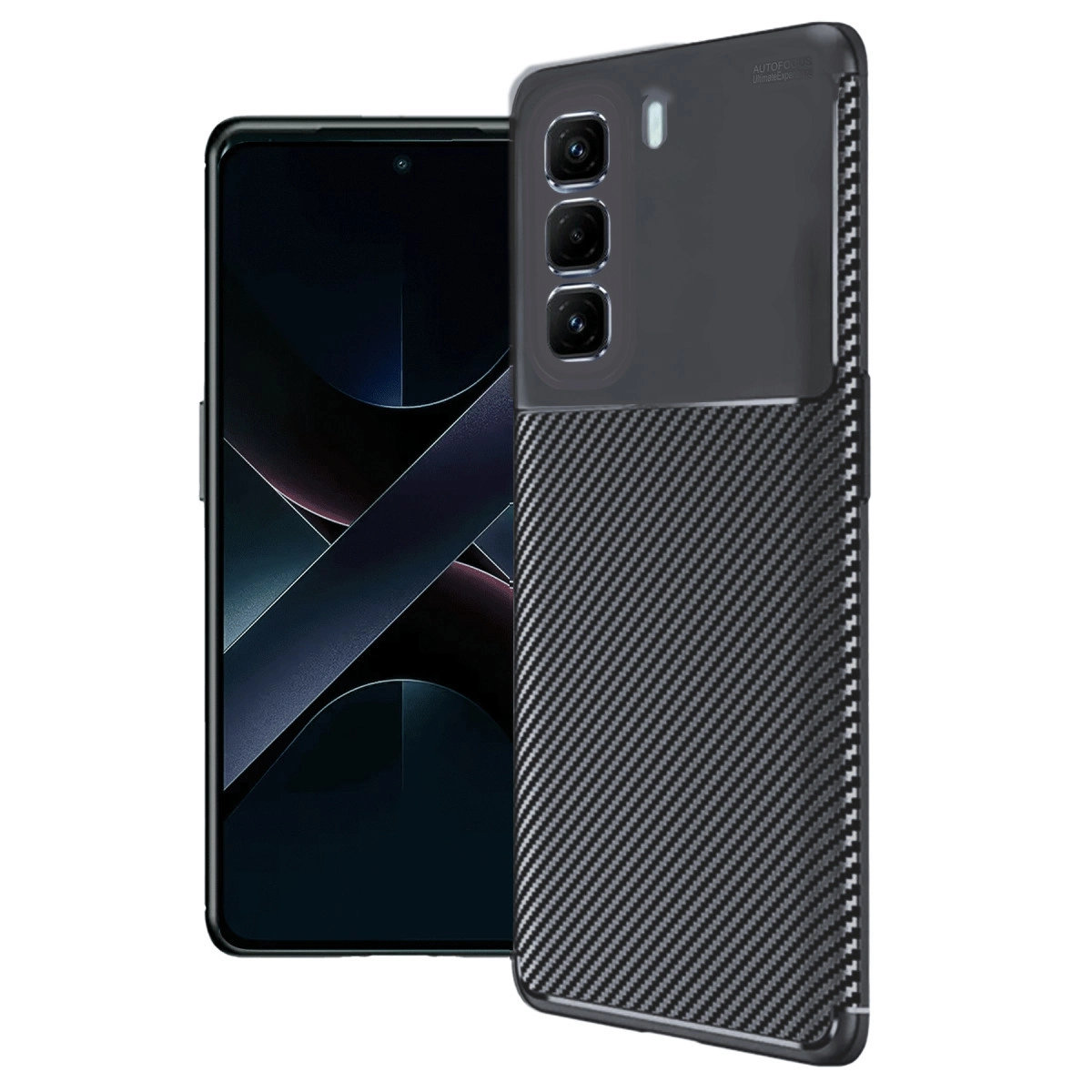 Arka kamerası ve karbon fiber desenli siyah akıllı telefon.