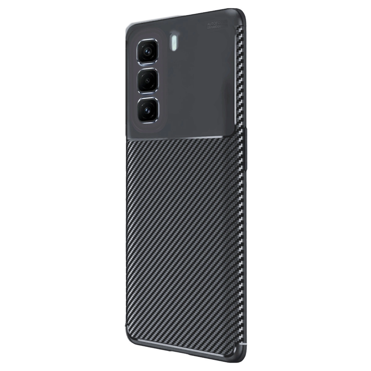 Üç kameralı ve karbon fiber desenli akıllı telefonun arkası.