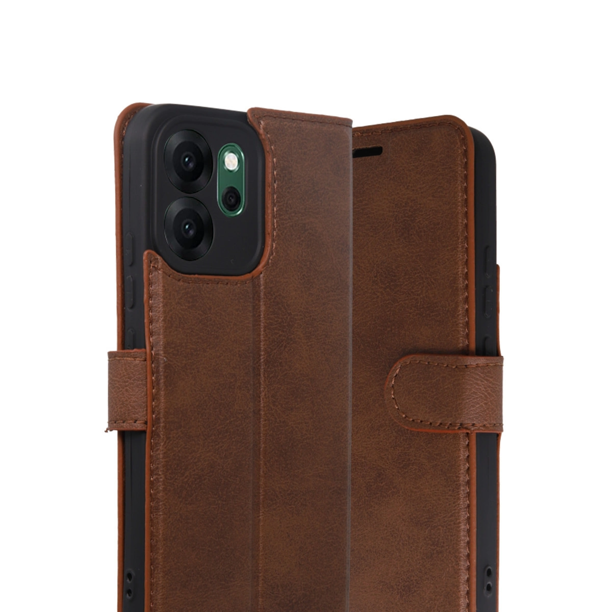 Kamera kesimli, kapaklı kahverengi deri telefon kılıfı.