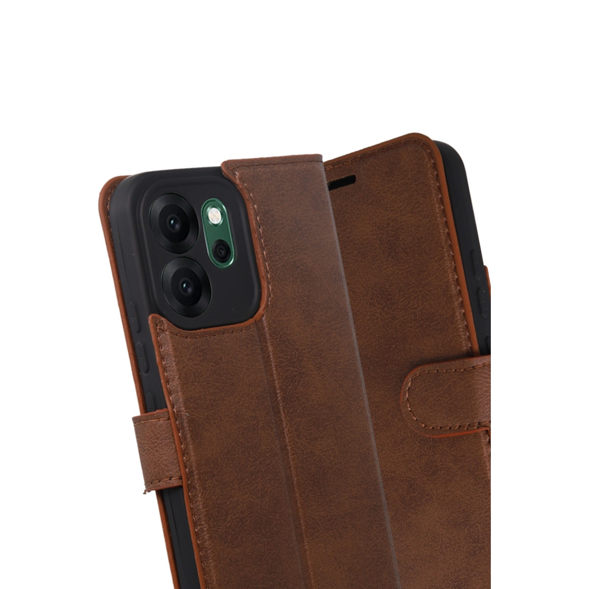 Arka kamera modülünü ve dokulu kapağı gösteren kahverengi deri telefon kılıfı.