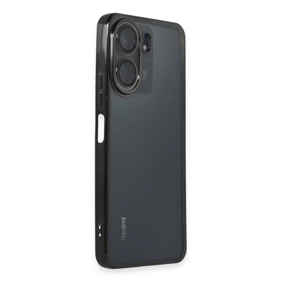 İki kamera lensli ve Redmi logolu siyah telefon kılıfı.