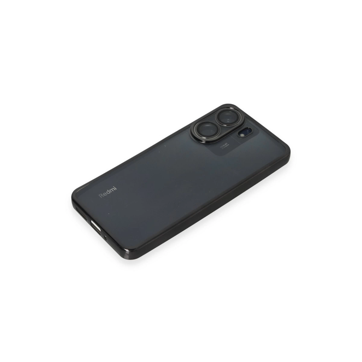 Beyaz arka plan üzerinde çift kameralı ve Redmi logolu siyah akıllı telefon.