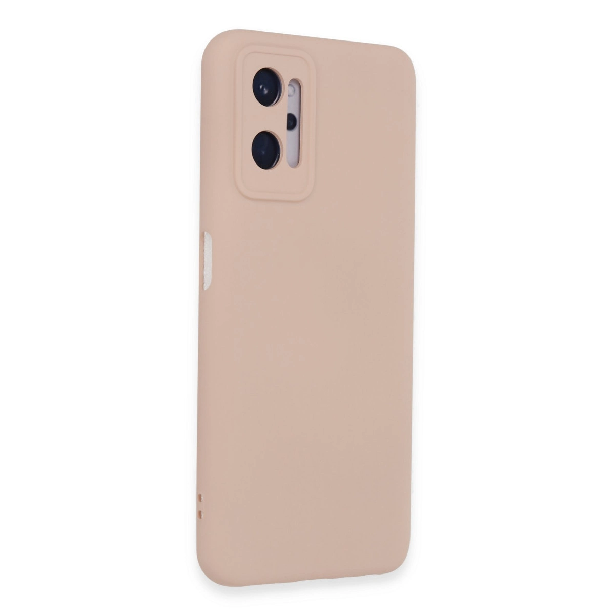 Beyaz arka plan üzerinde dikdörtgen kamera kesimli açık pembe telefon kılıfı.