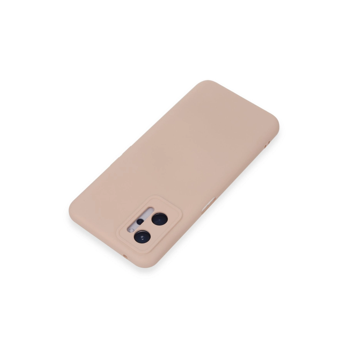 Açık kahverengi telefon kılıfı, kamera kesimiyle, beyaz arka plan üzerinde.