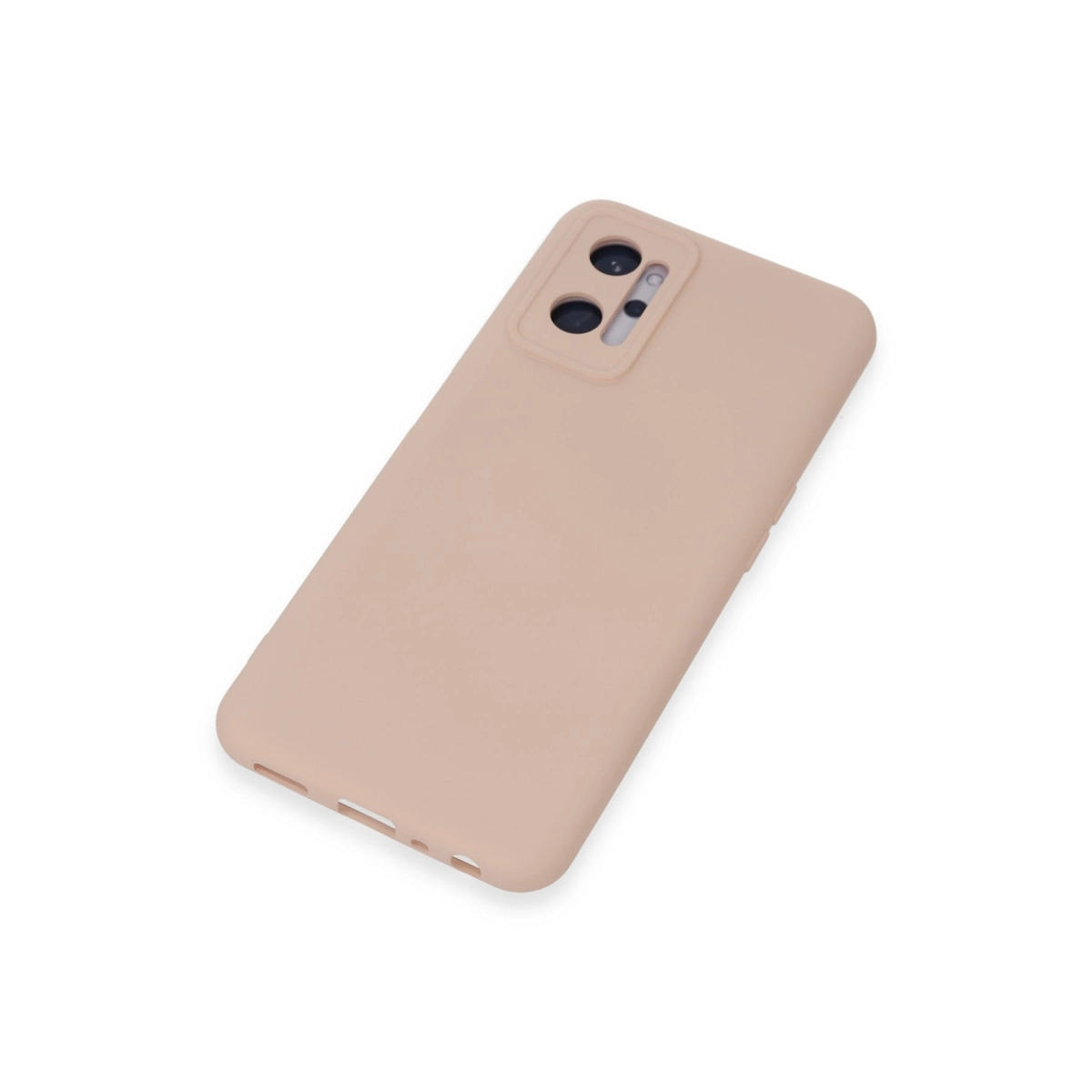 Beyaz arka plan üzerinde kamera oyuntulu açık pembe tonlu telefon kılıfı.