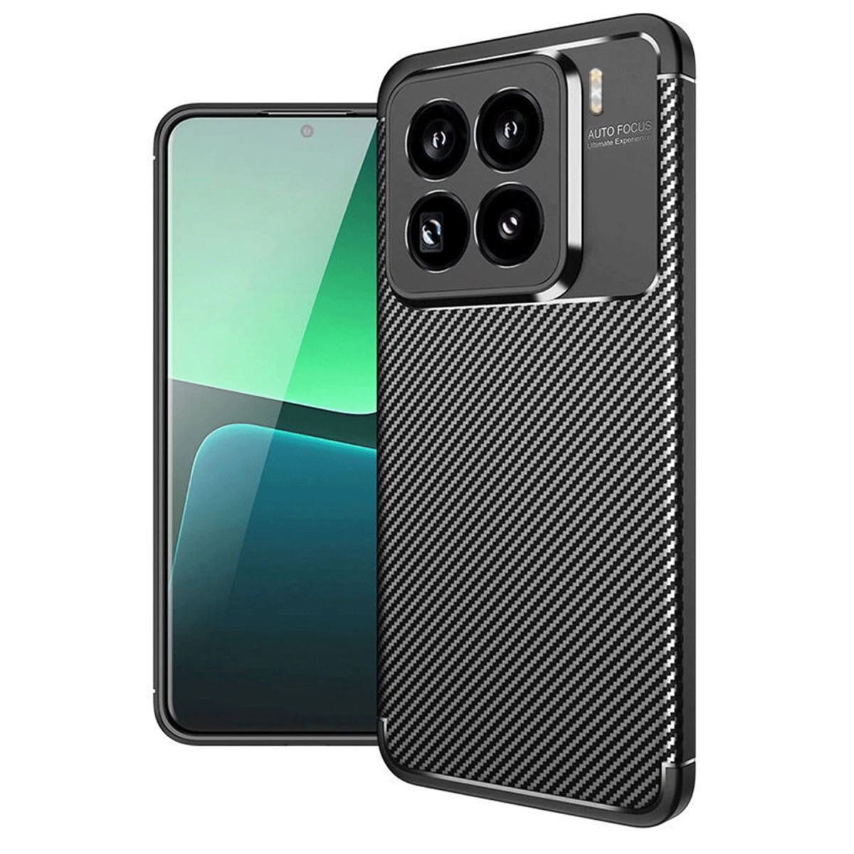 Karbon fiber kılıflı siyah telefon ve dört kamera.
