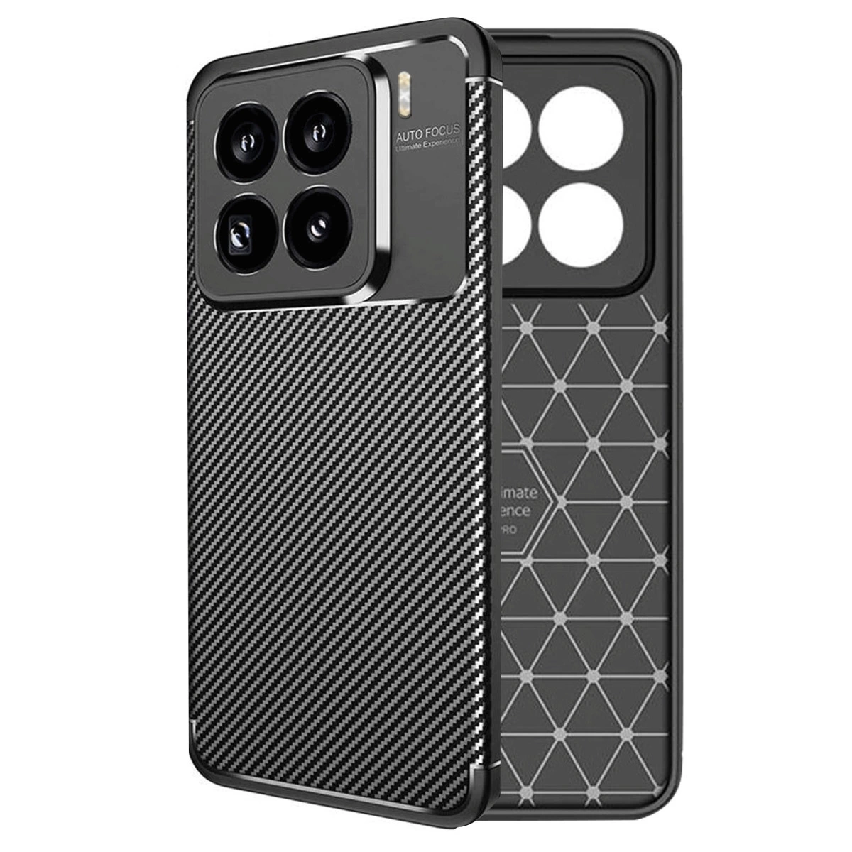 Karbon fiber desenli ve kamera modüllü siyah telefon kılıfı.