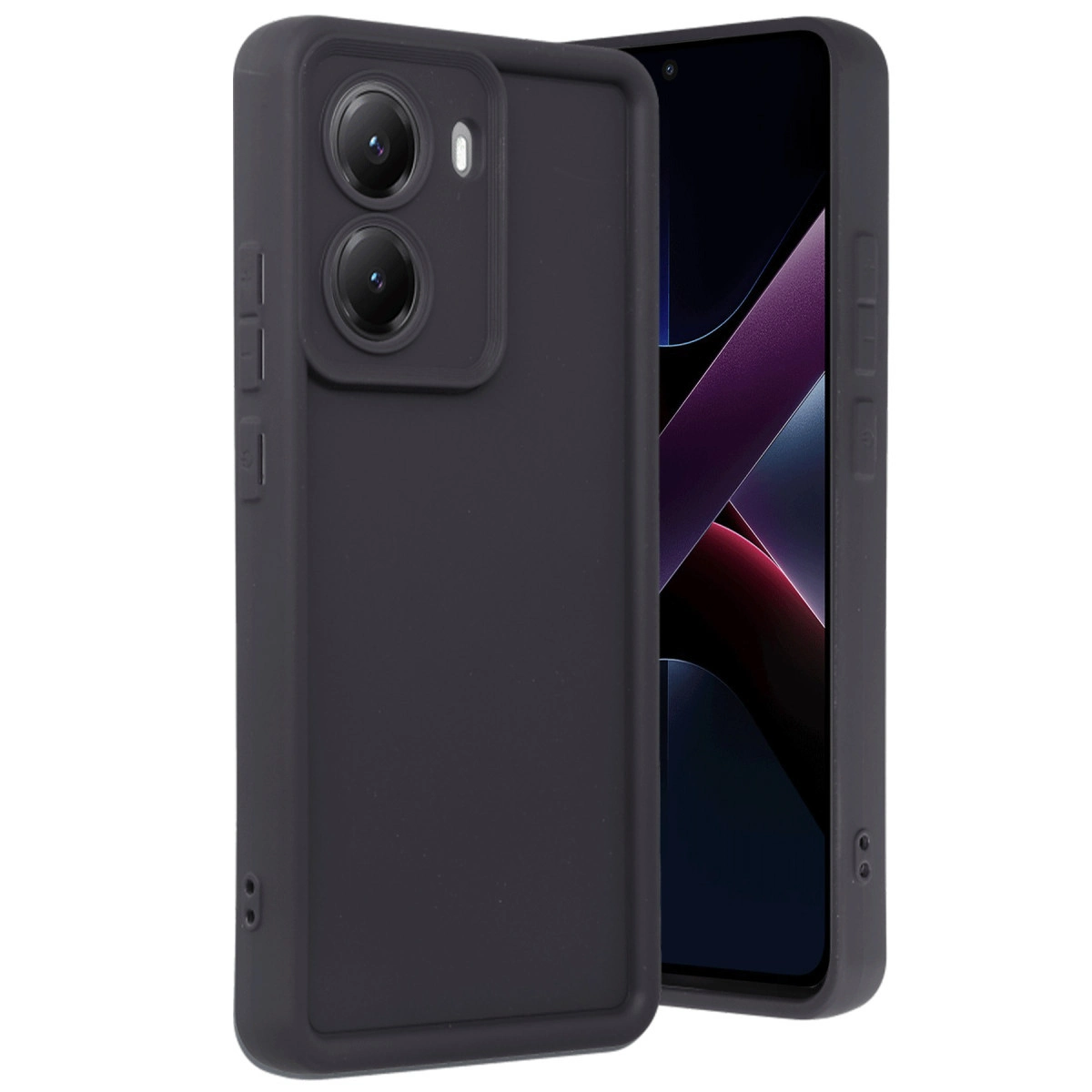 İki kamera lensi ve flaşlı siyah telefon kılıfı. Koyu arka planlı akıllı telefon görünür.