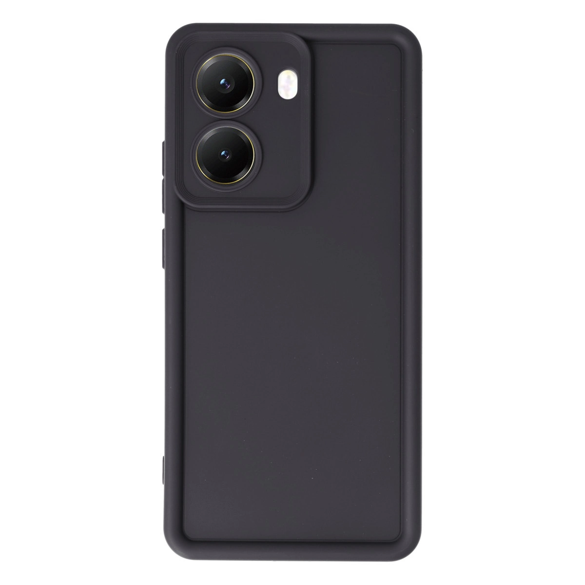 Beyaz arka plan üzerinde çift kamera ve flaşlı siyah telefon kılıfı.