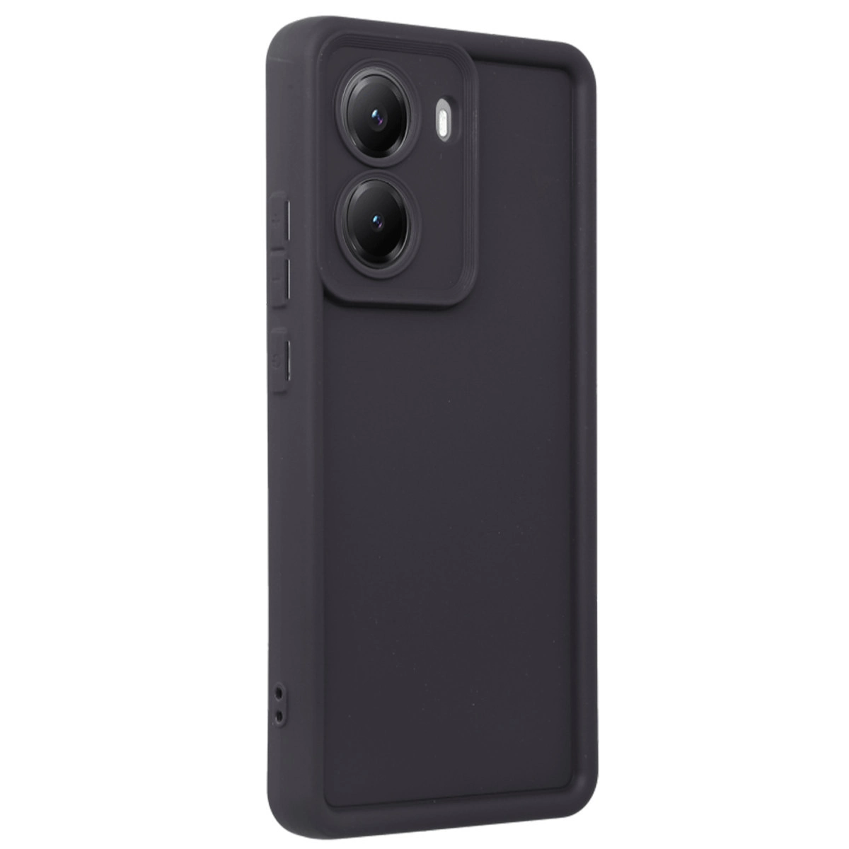 İki kamera lensli ve flaşlı koyu gri telefon kılıfı.