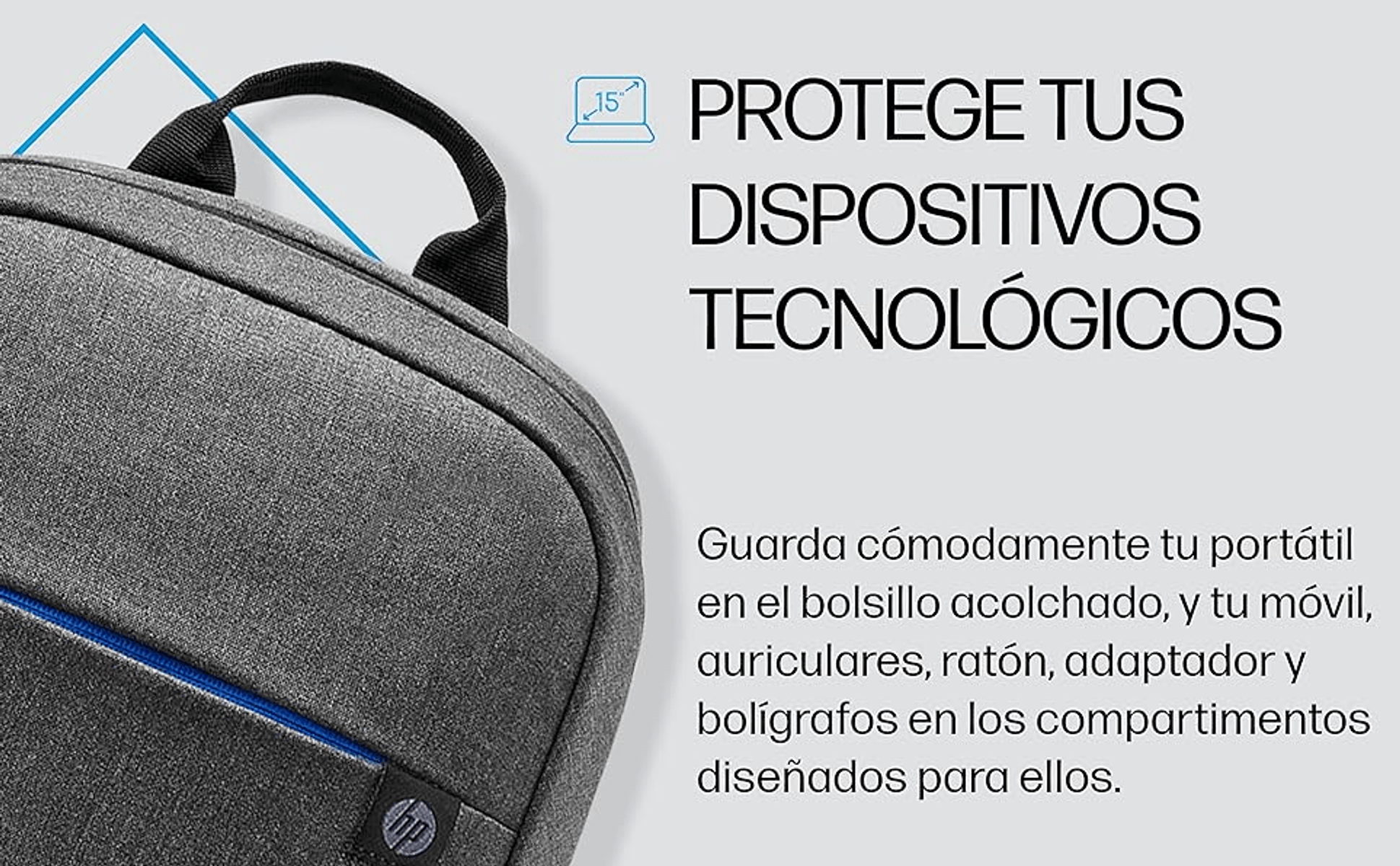 Mochila gris con cremallera azul y logo HP. Protege dispositivos tecnológicos.