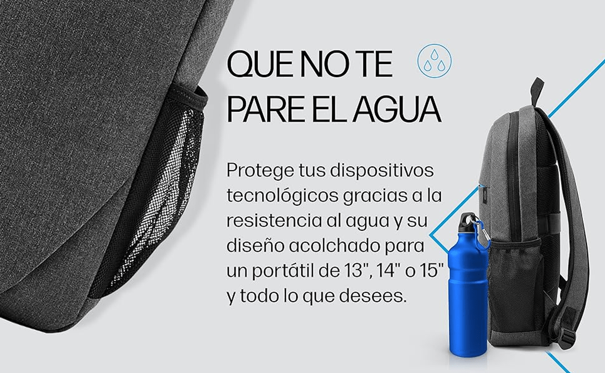 Mochila gris con botella de agua azul al lado y texto.