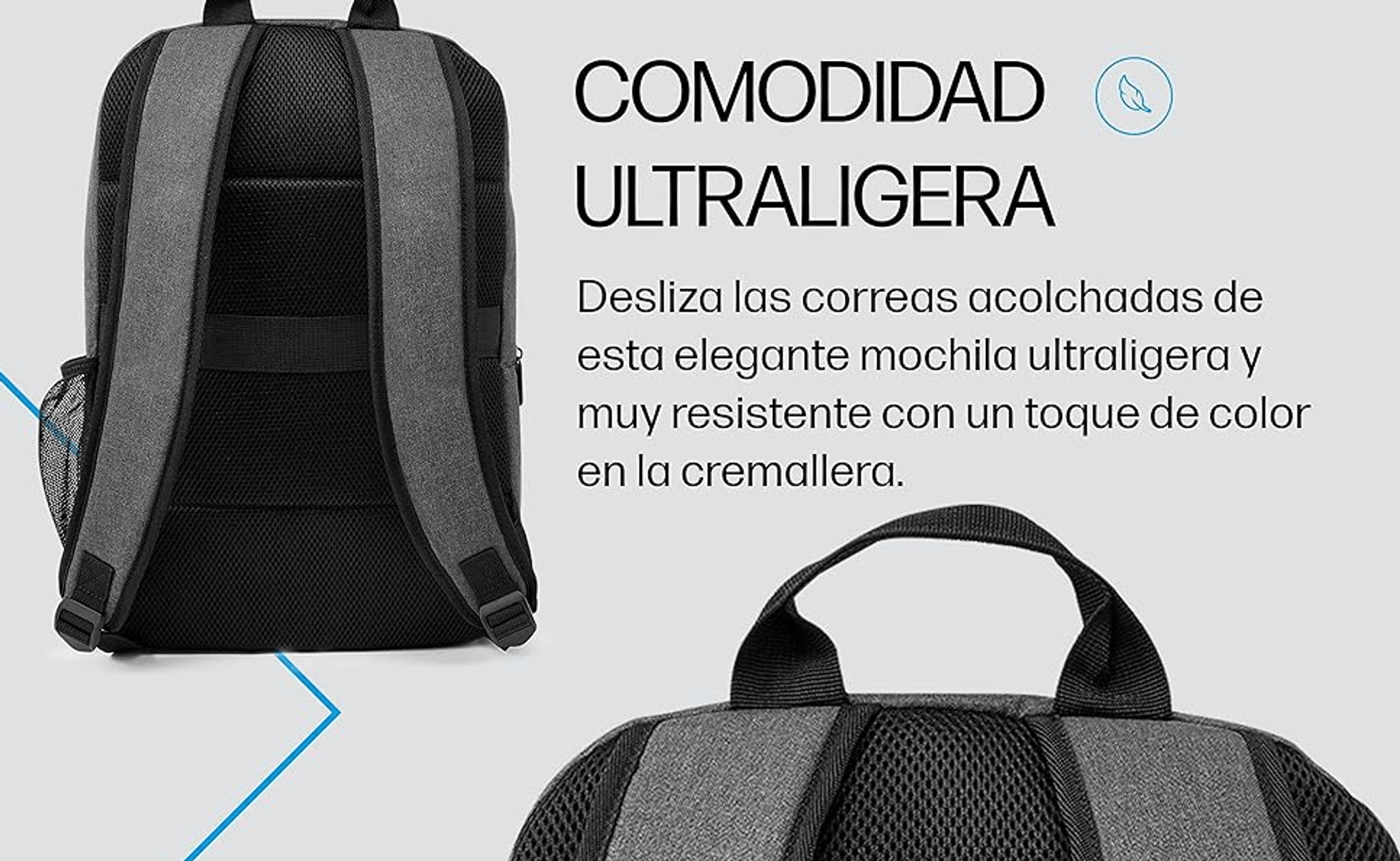 Mochila gris con correas acolchadas y bolsillo lateral de malla. Cómoda y ligera.