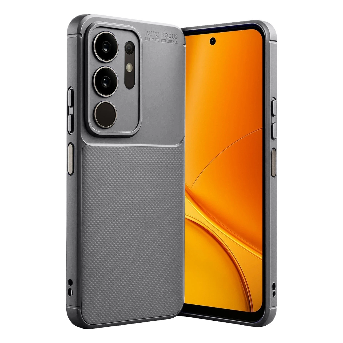 Kamera kesimli gri telefon kılıfı ve turuncu ekran.