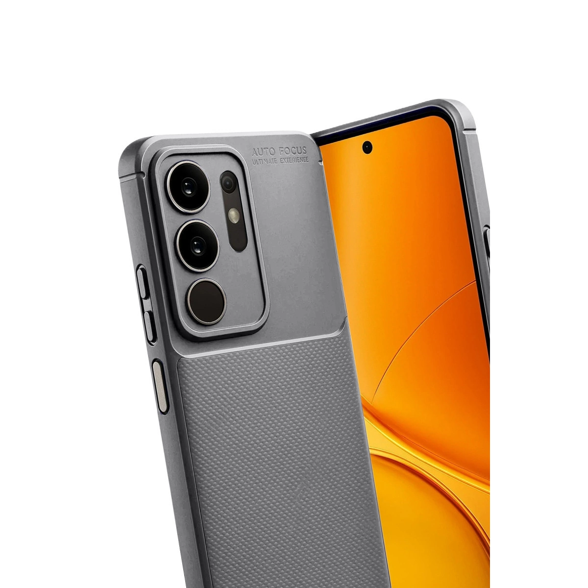 Kamera modüllü gri telefon ve turuncu ekran, yakın çekim.