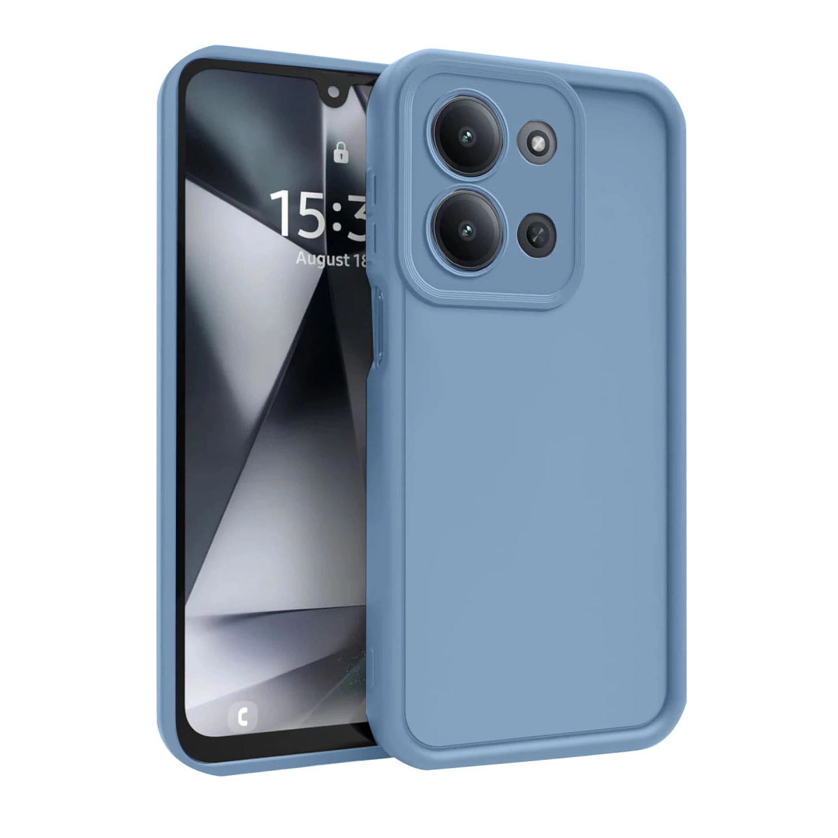 Beyaz bir yüzeyde sergilenen kılıflı mavi bir telefon.