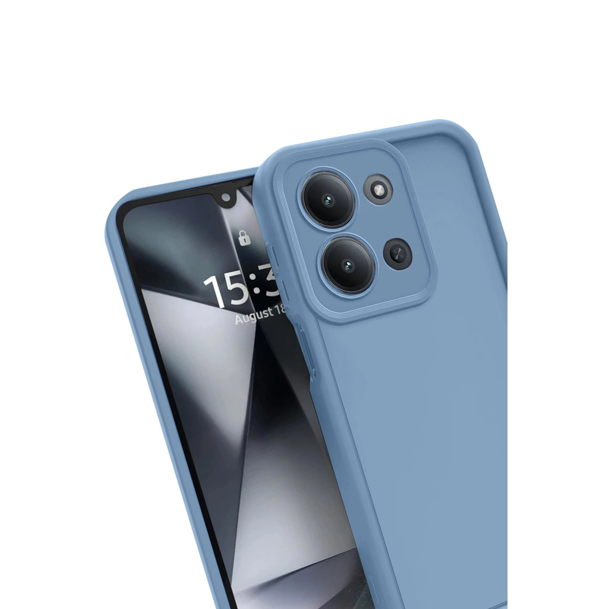 Üç kameralı mavi telefon ve mavi kılıf.