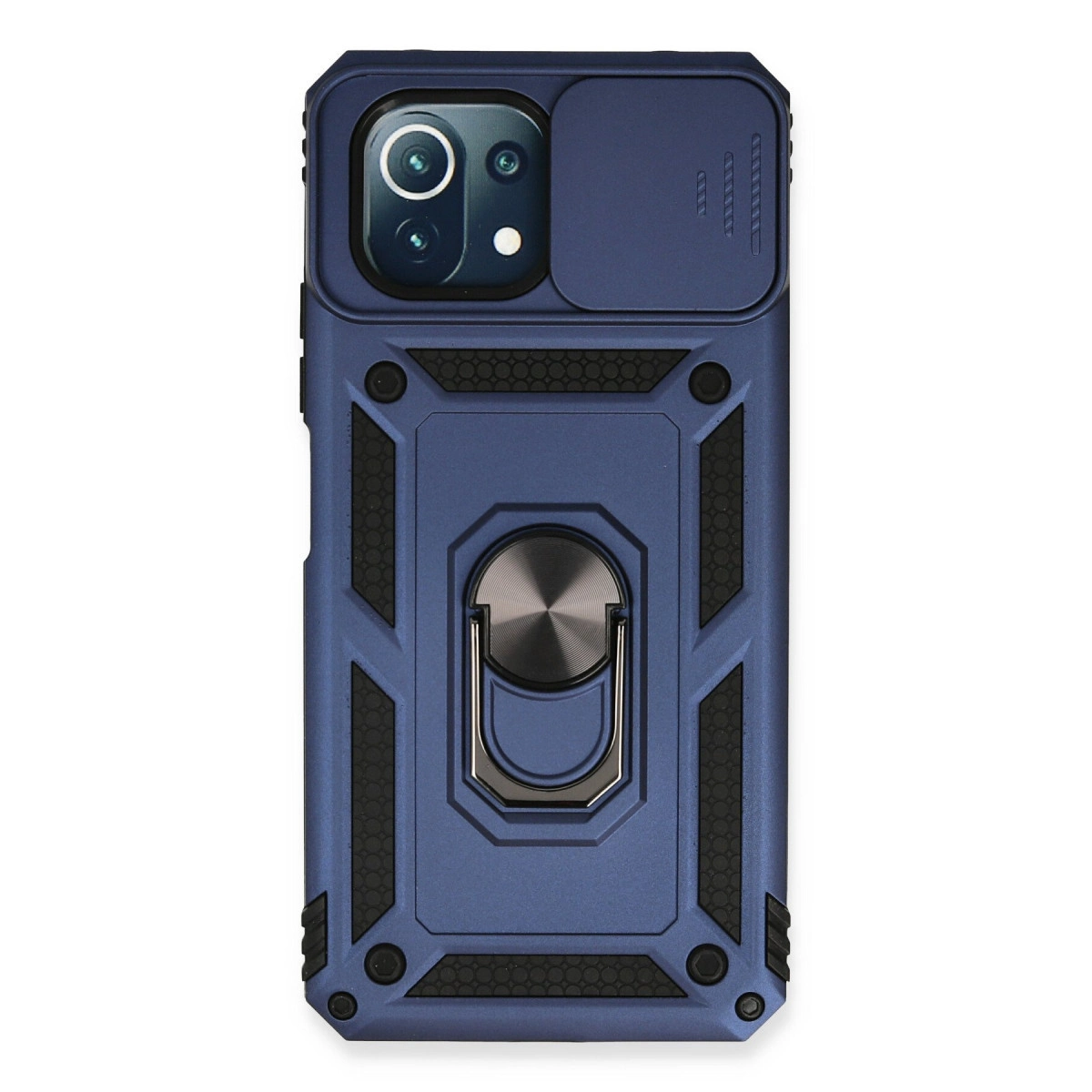 Kamera lens kapaklı ve halka tutuculu lacivert telefon kılıfı.