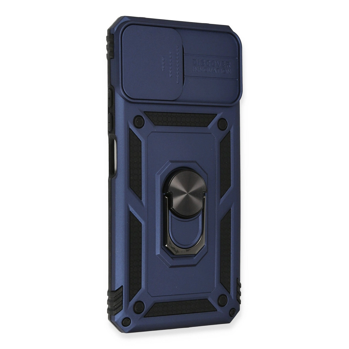 Kaydırılabilir kamera kapaklı ve halka tutuculu lacivert telefon kılıfı.