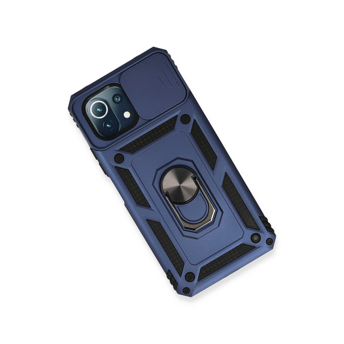 Kamera kapaklı ve halka tutuculu lacivert telefon kılıfı.
