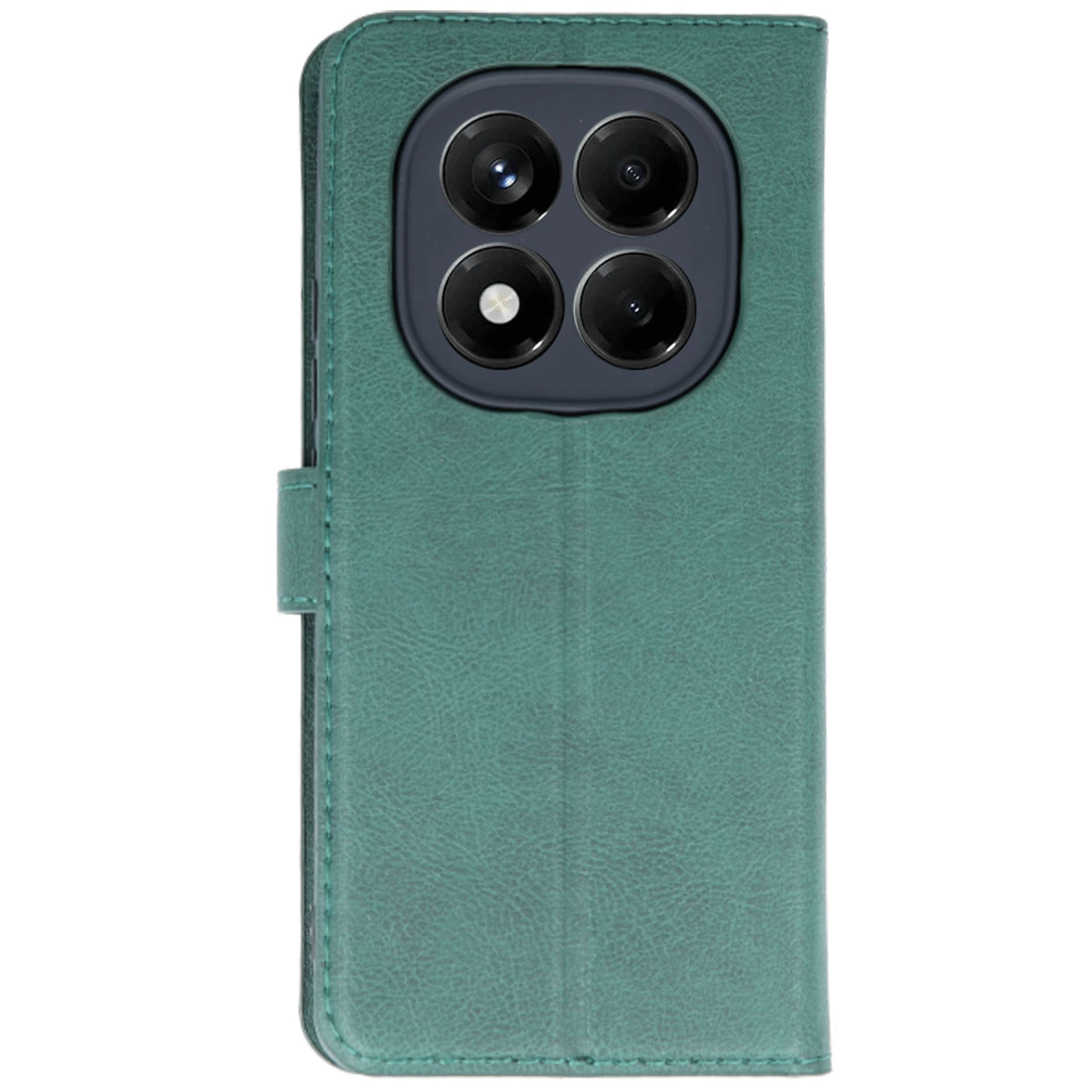 Arkada dört kamera lensli yeşil telefon kılıfı.