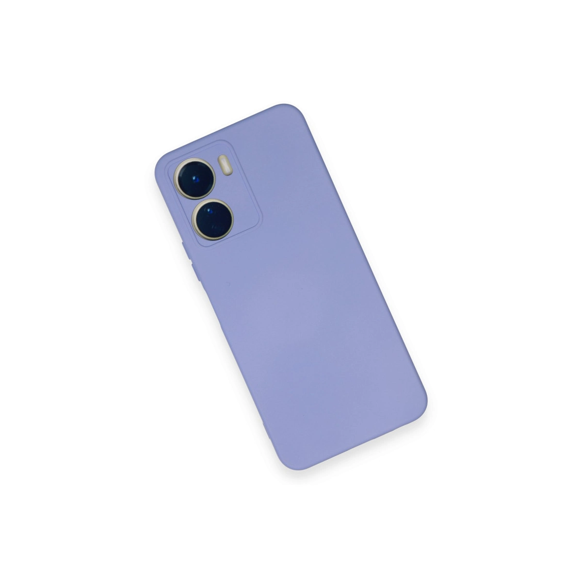 Beyaz zeminde iki kameralı mor telefon.