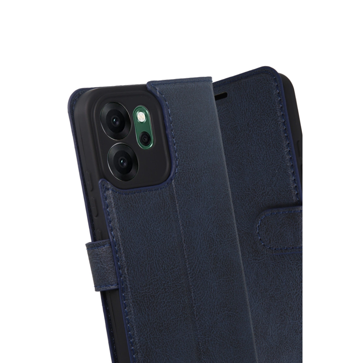Kamera kesimli ve kapaklı lacivert deri telefon kılıfı.