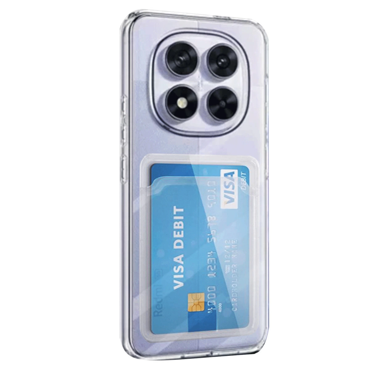 Mavi Visa banka kartını gösteren, kart bölmeli şeffaf telefon kılıfı.
