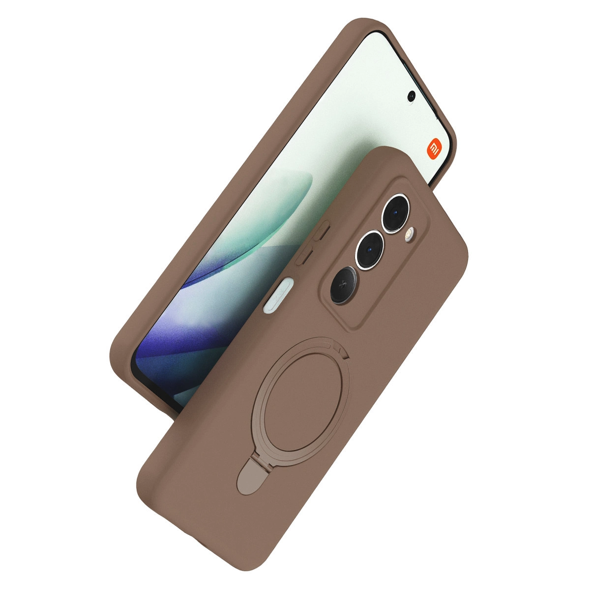 Halka tutuculu ve üç kamera lensli kahverengi telefon kılıfı.