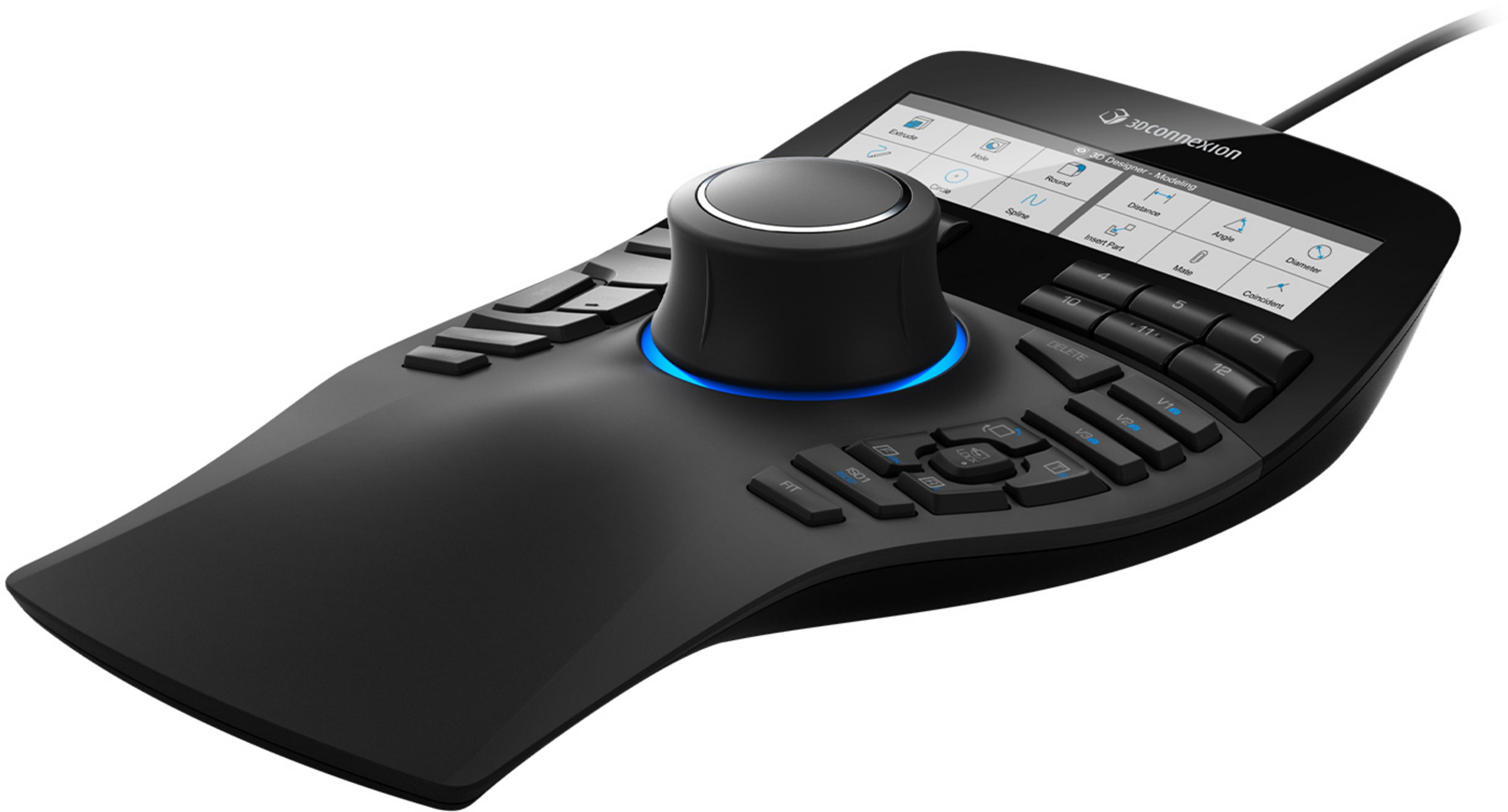 Black 3D mouse controller with a dial, screen, and many buttons.