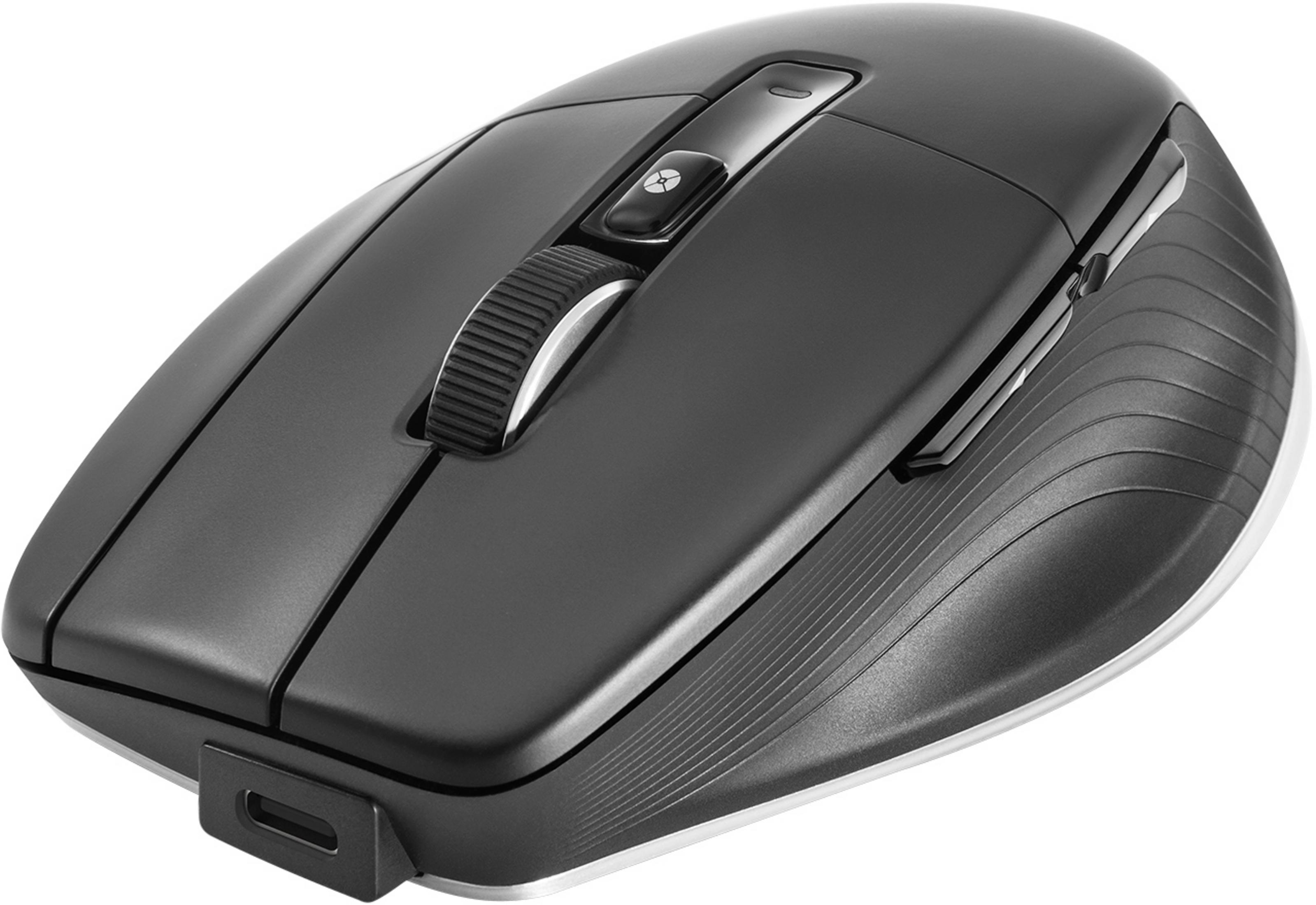 A black computer mouse with a scroll wheel and buttons on a white background.