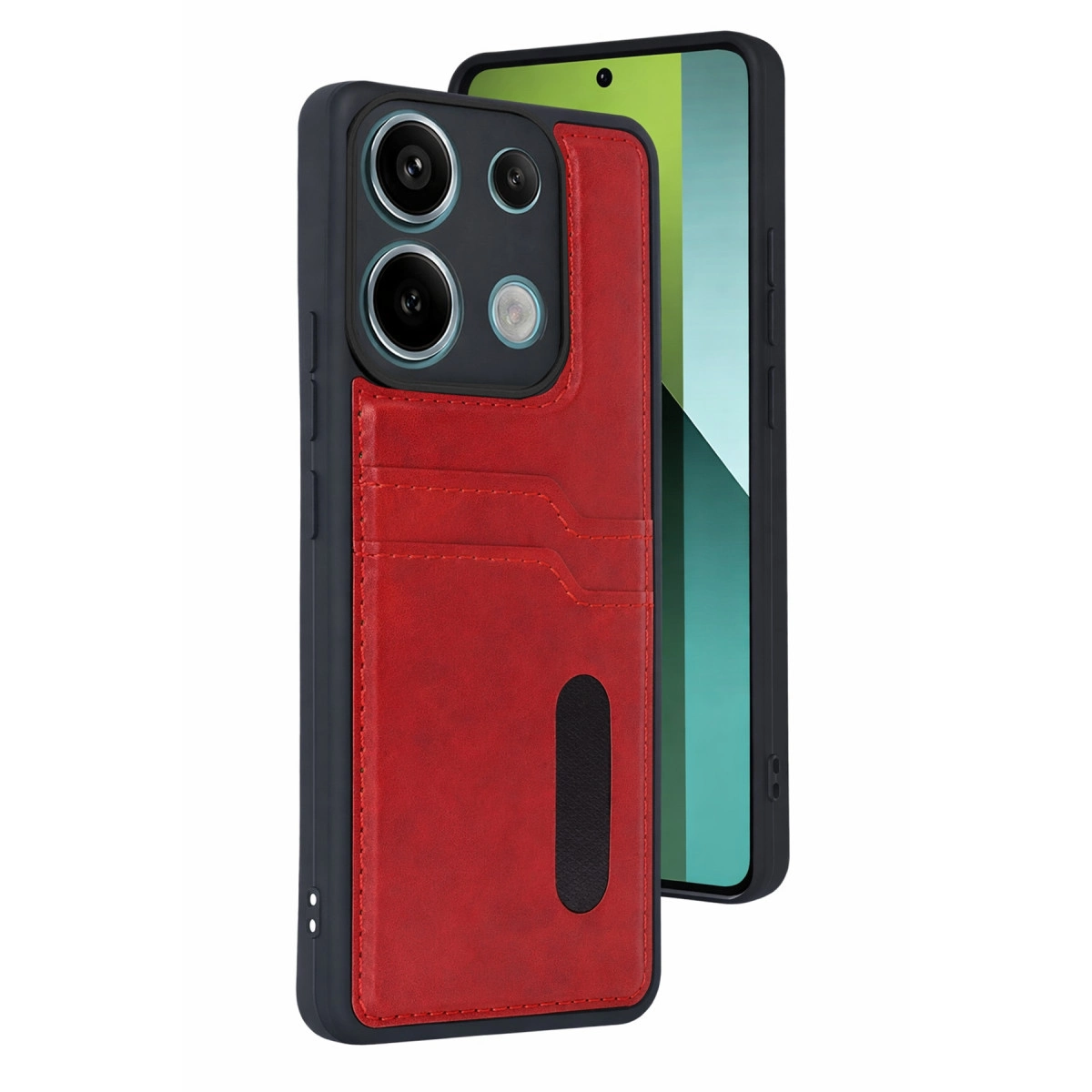 NEWFACE Xiaomi Redmi 15C 4G Uyumlu Sara Kartvizitli Deri Telefon Kılıfı Kırmızı