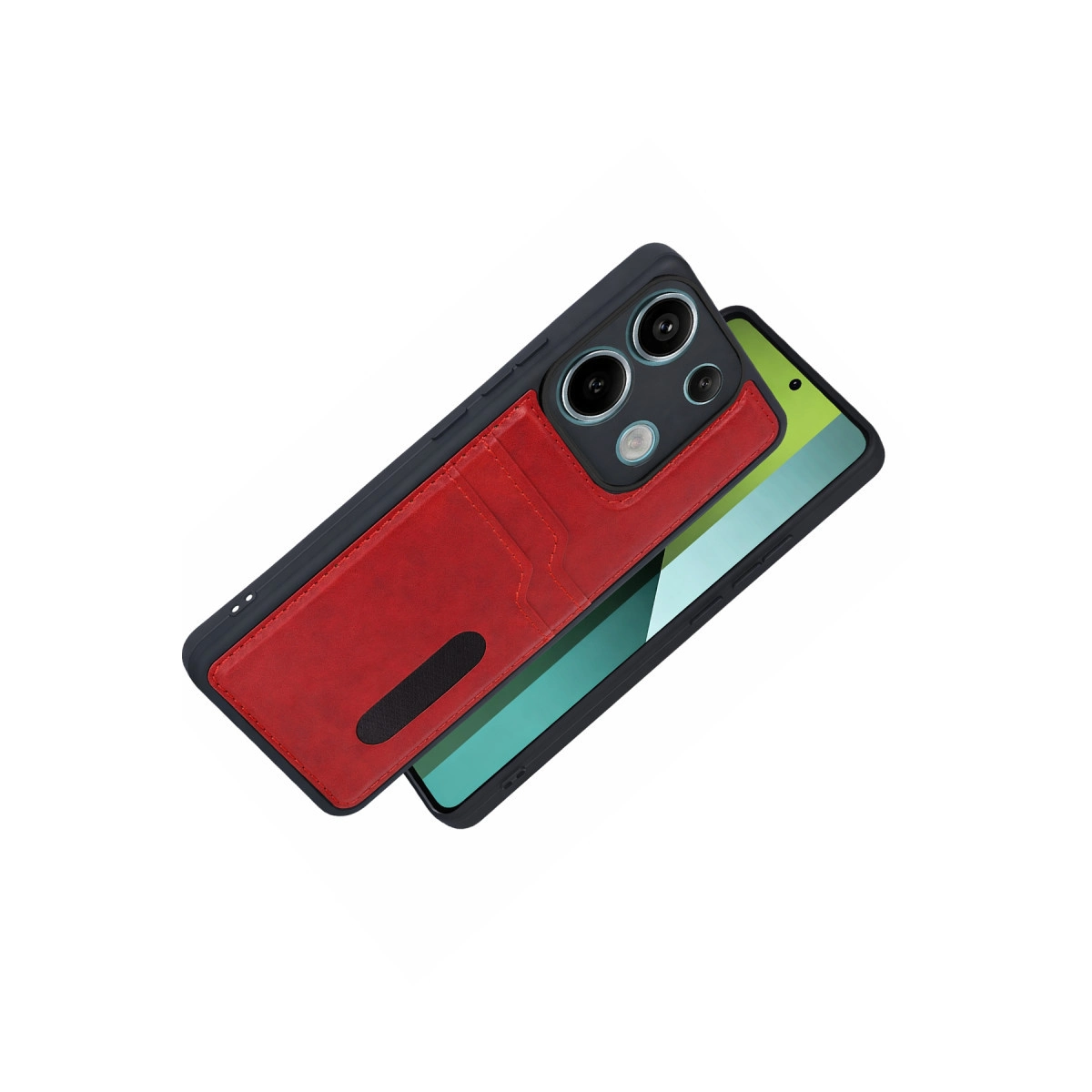 Akıllı telefonda kart yuvalı ve kamera kesimli kırmızı telefon kılıfı.