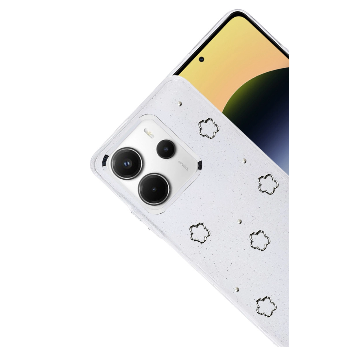 Çiçek desenli beyaz telefon ve üç lensli kamera modülü.
