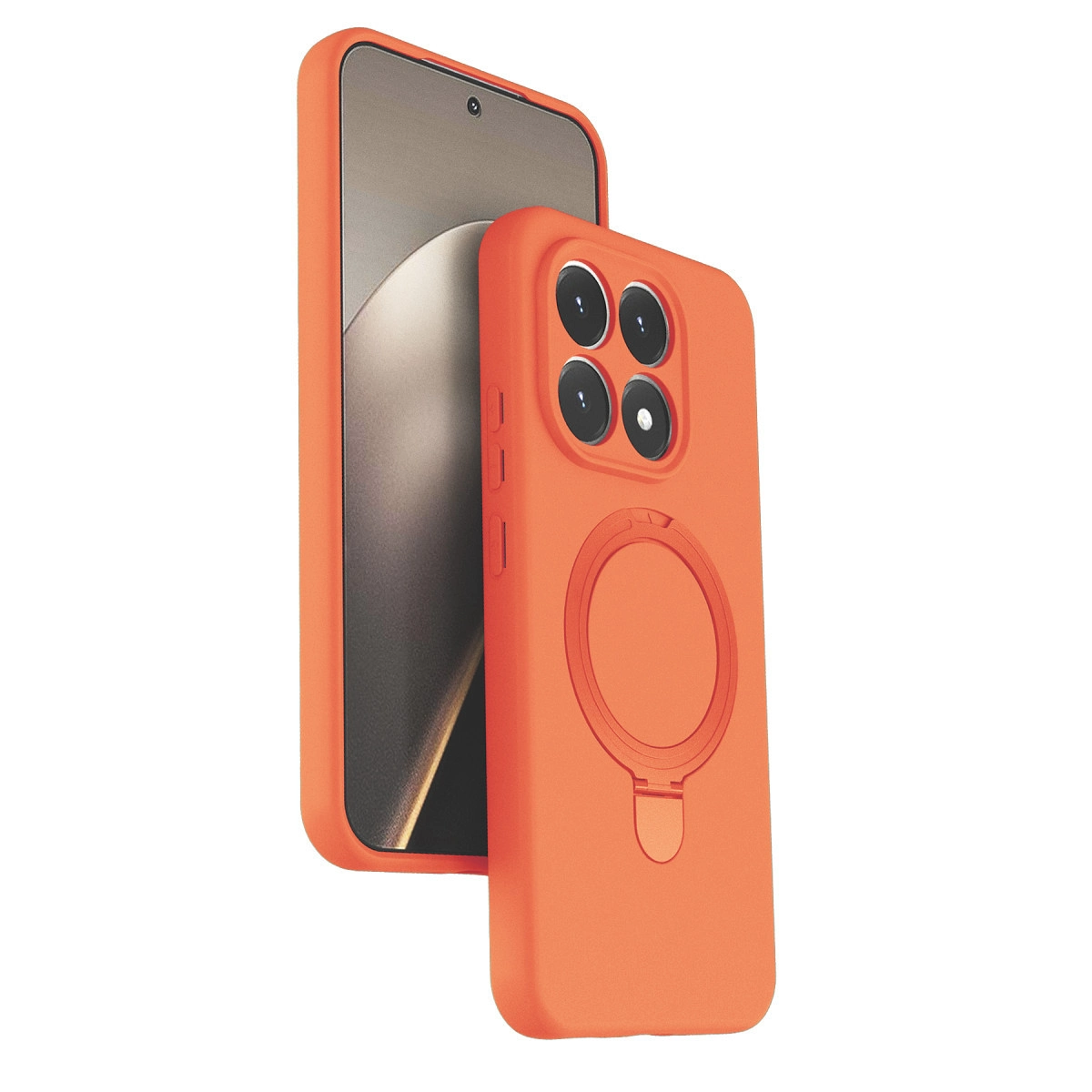 Halkalı tutuculu turuncu telefon kılıfı.