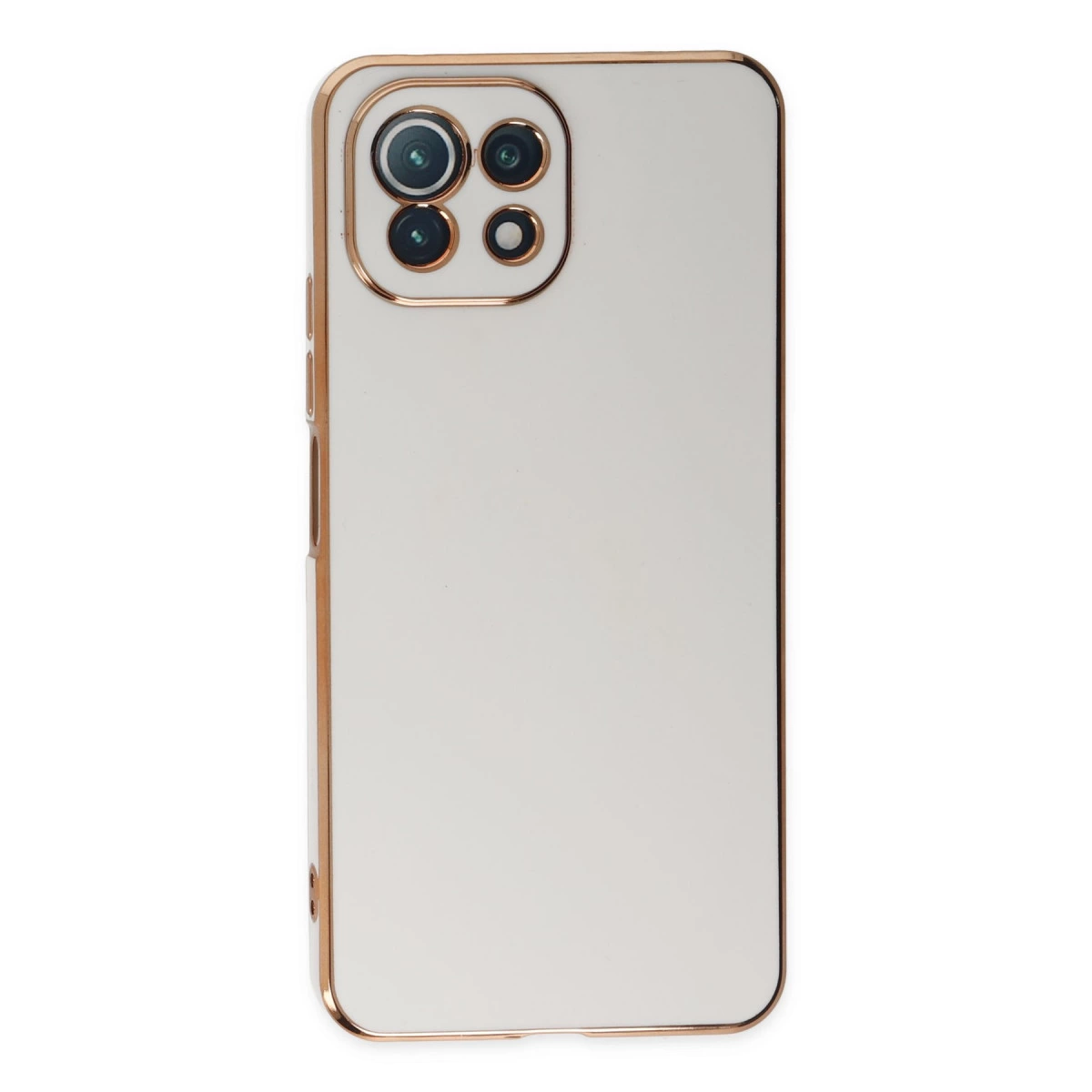 Dört kamera lensli ve altın kenarlıklı beyaz telefon kılıfı.