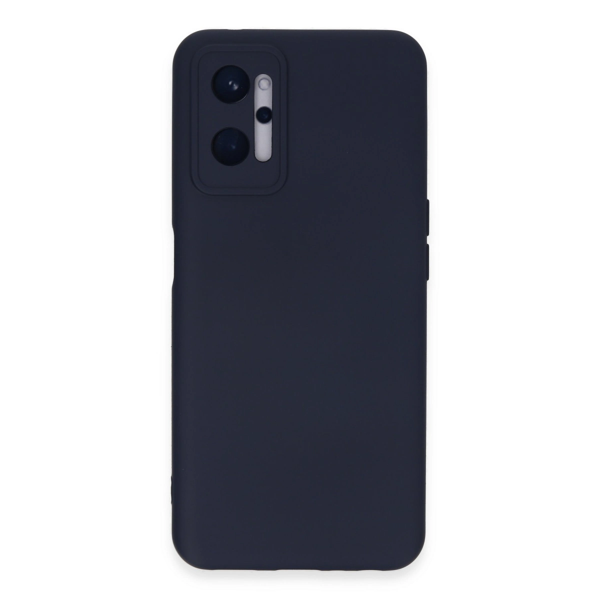 Kamera modülü ve yan düğmeleri olan lacivert telefon kılıfı.