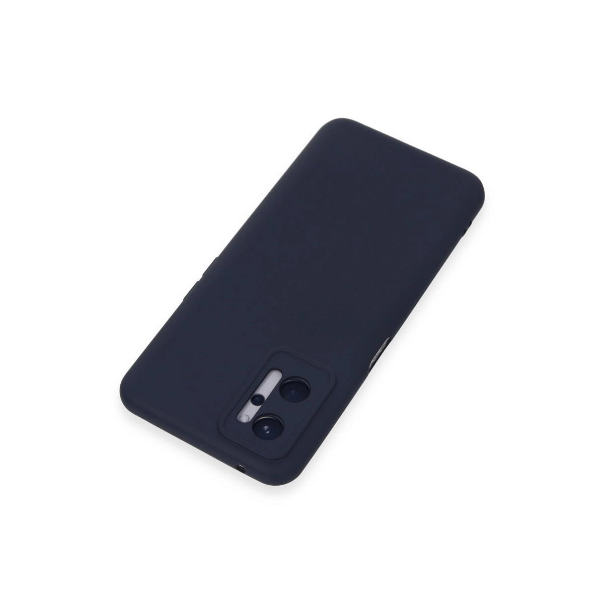 Kamera kesimli lacivert telefon kılıfı, beyaz zeminde.