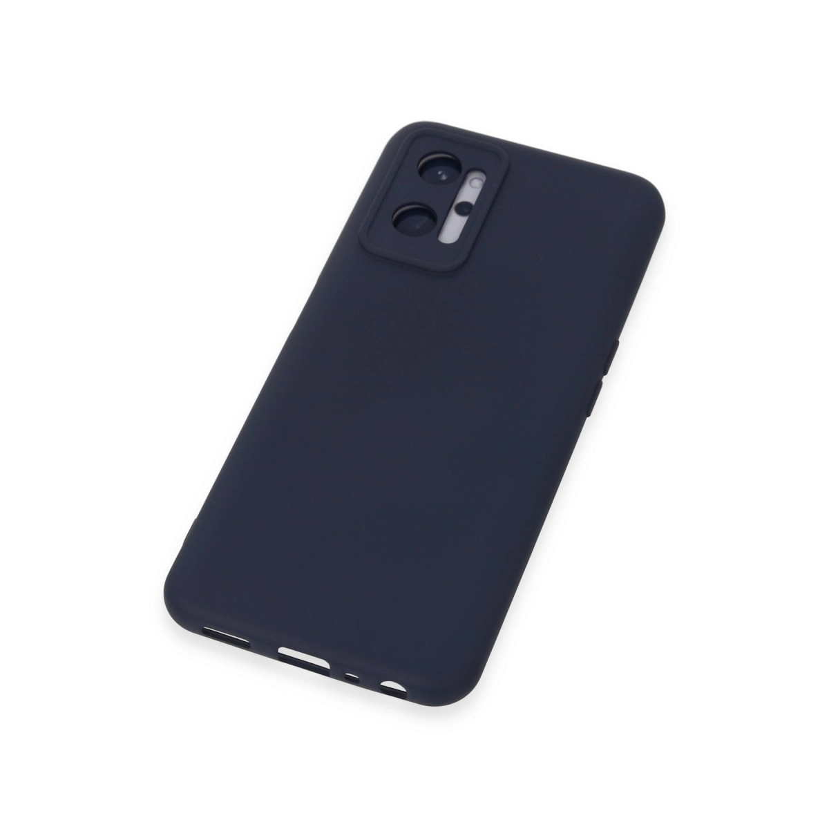 Kamera kesimli lacivert telefon kılıfı, beyaz arka plan üzerinde.