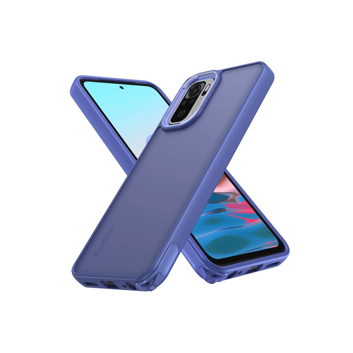 Beyaz arka plan üzerinde kamera modüllü iki mor telefon kılıfı.